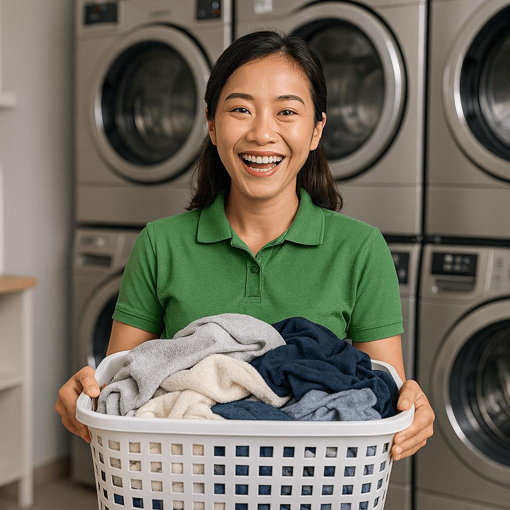 Seorang wanita yang sedang tersenyum membawa keranjang yang berisi cucian kotor di depan mesin cuci